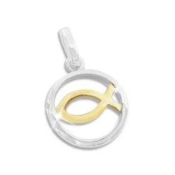 Anhänger Für Kinder|Anhänger Für Damen|Elfen Schmuck Anhänger Fisch-Symbol im Kreis bicolor 925 Silber
