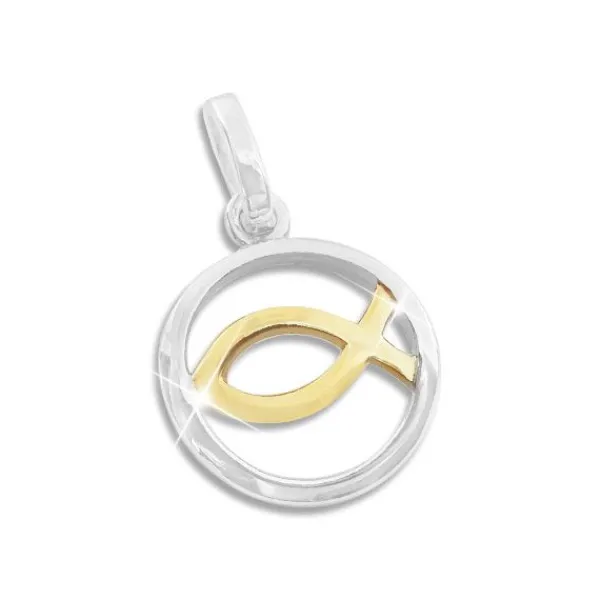 Anhänger Für Kinder|Anhänger Für Damen|Elfen Schmuck Anhänger Fisch-Symbol im Kreis bicolor 925 Silber
