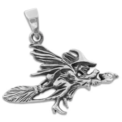 Anhänger Für Damen|Silber Anhänger|Elfen Schmuck Anhänger Hexe mit Katze und Vogel auf Besen 925 Silber