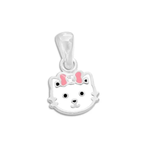 Anhänger Für Kinder|Silber Anhänger|Elfen Schmuck Anhänger weiße Katze mit Schleife und Strass 925 Silber