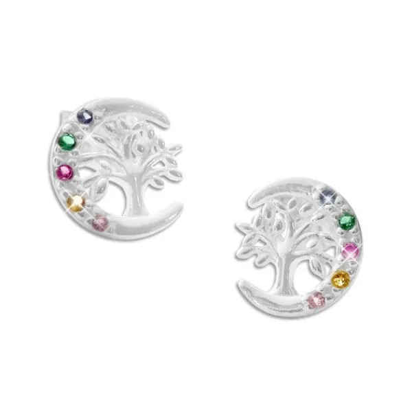 Ohrstecker|Silber Ohrstecker|Elfen Schmuck Baum des Lebens im Mond Ohrstecker mit Regenbogen Steinen 925 Silber