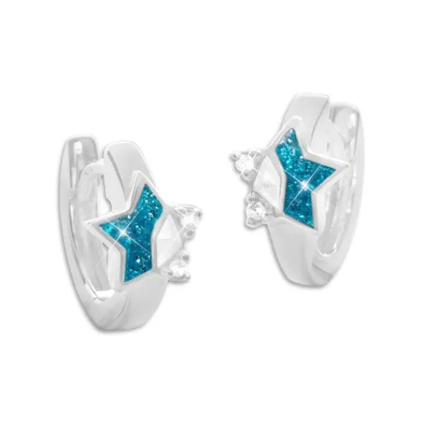 Klapp-creolen|Silber Klapp-Creolen|Elfen Schmuck Creolen für Kinder türkiser Glitzer Stern und Strass 925 Silber