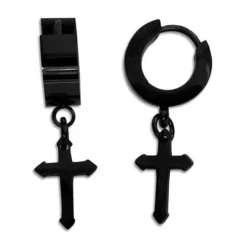 Klapp-creolen|Klapp-creolen|Elfen Schmuck Creolen mit hängenden Kreuzen Edelstahl schwarz 13 mm