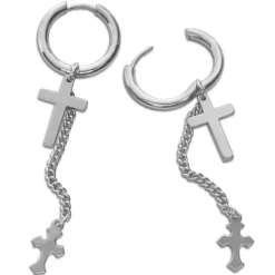 Klapp-creolen|Klapp-creolen|Elfen Schmuck Edelstahl Creolen mit 2 hängenden Kreuzen und Kettchen