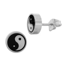Ohrstecker|Ohrstecker|Elfen Schmuck Edelstahl Ohrstecker rund mit Yin Yang schwarz silber
