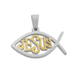Anhänger Für Herren|Anhänger Für Damen|Elfen Schmuck Fisch-Symbol Anhänger mit goldenem Jesus Schriftzug Edelstahl bicolor