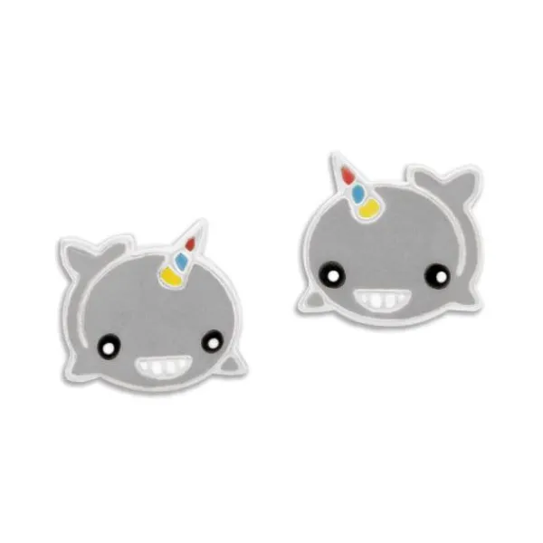 Ohrstecker|Silber Ohrstecker|Elfen Schmuck Grinsender Wal mit Horn Ohrstecker Einhorn grau 925 Silber