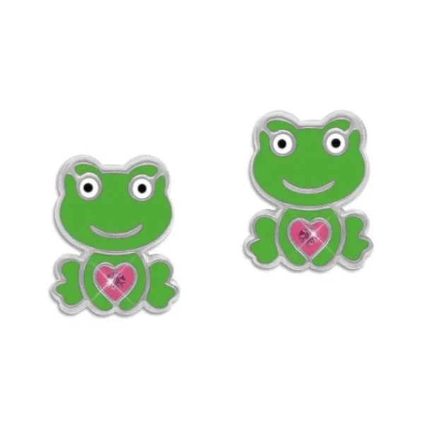 Ohrstecker|Silber Ohrstecker|Elfen Schmuck Grüner Frosch Ohrstecker mit Herz und Kristallen 925 Silber