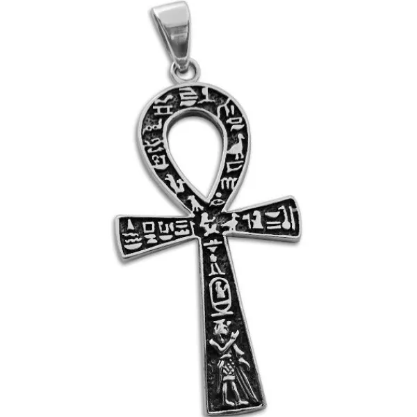 Anhänger Für Herren|Silber Anhänger|Elfen Schmuck Großer Anhänger Ankh mit Hieroglyphen 44 x 24 mm 925 Silber