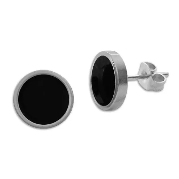 Ohrstecker|Ohrstecker|Elfen Schmuck Große runde Edelstahl Ohrstecker mit schwarzem Inlett 10 mm
