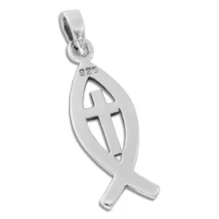 Anhänger Für Herren|Anhänger Für Damen|Elfen Schmuck Jesus-Zeichen Anhänger Fisch-Symbol mit Kreuz 925 Silber