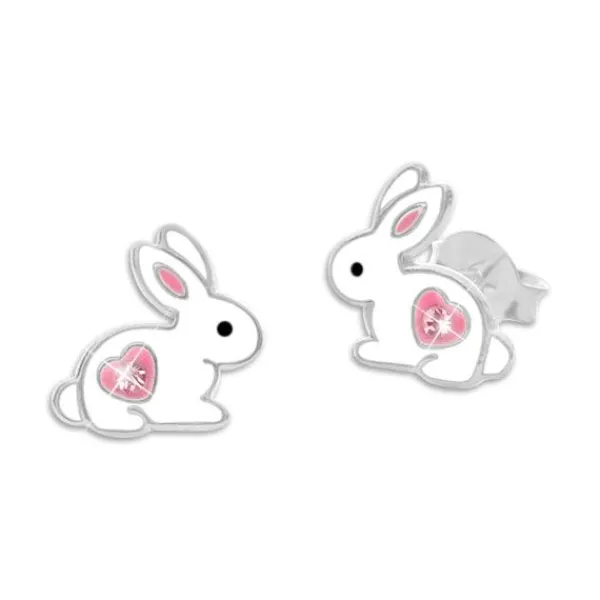 Ohrstecker|Silber Ohrstecker|Elfen Schmuck Kaninchen Ohrstecker mit rosa Herz und Strass Stein 925 Silber