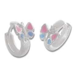 Klapp-creolen|Silber Klapp-Creolen|Elfen Schmuck Kindercreolen mit Schmetterlingen rosa und blau 925 Silber