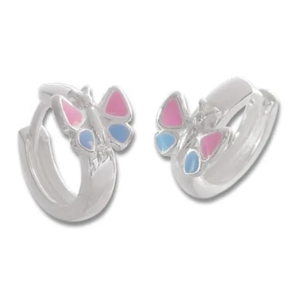 Klapp-creolen|Silber Klapp-Creolen|Elfen Schmuck Kindercreolen mit Schmetterlingen rosa und blau 925 Silber