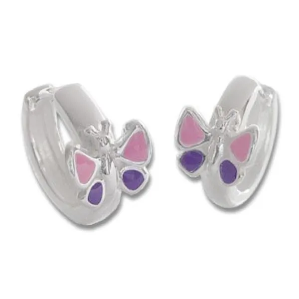 Klapp-creolen|Silber Klapp-Creolen|Elfen Schmuck Kinderohrringe Creolen mit Schmetterlingen in rosa und lila 925 Silber