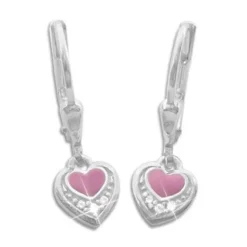 Ohrhänger|Silber Ohrhänger|Elfen Schmuck Kinderohrringe rosa Herz und Strass 925 Silber