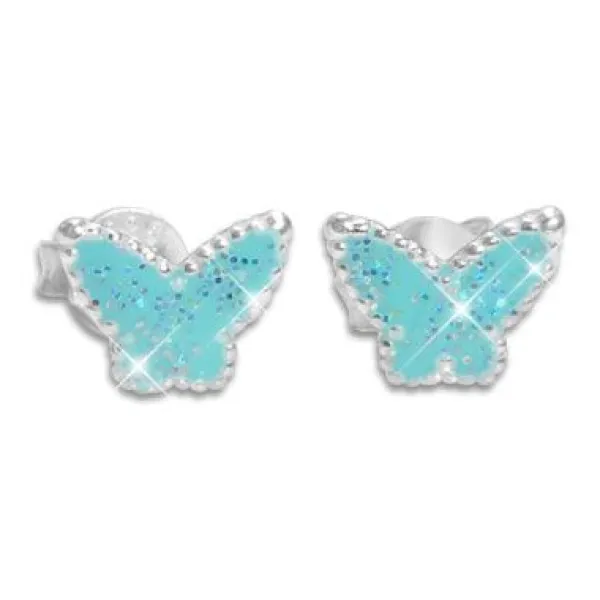 Ohrstecker|Silber Ohrstecker|Elfen Schmuck Kinder Ohrstecker Schmetterlinge blau mit Glitzer 925 Silber