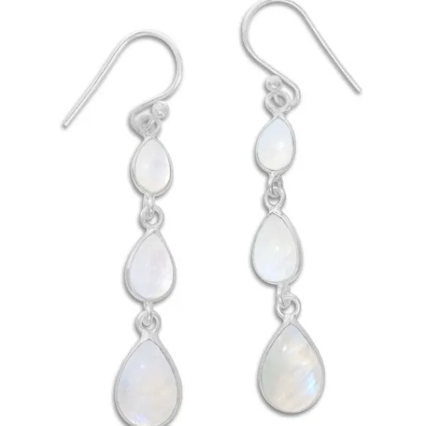 Ohrhänger|Edelstein Ohrringe|Elfen Schmuck Lange Mondstein Ohrringe mit 3 Tropfen 925 Silber