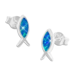 Ohrstecker|Silber Ohrstecker|Elfen Schmuck Massive Fisch Ohrstecker mit blauem Opal 925 Silber