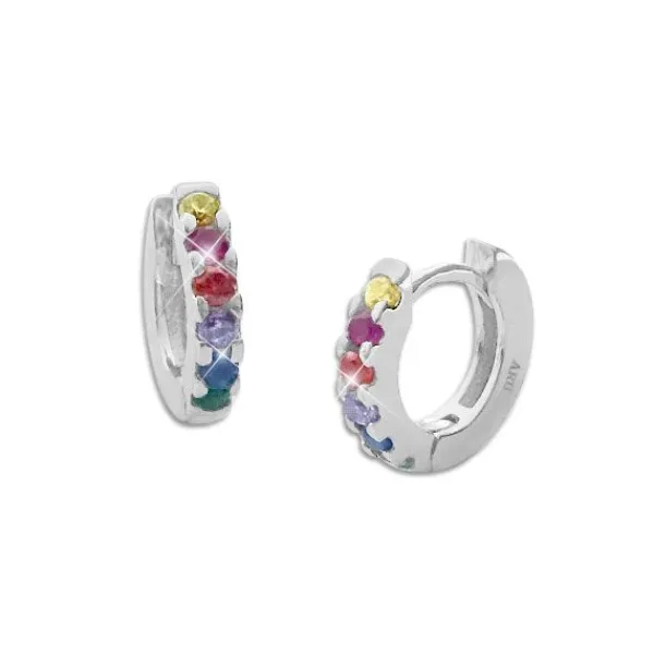 Klapp-creolen|Silber Klapp-Creolen|Elfen Schmuck Mini Creolen Regenbogen mit 6 bunten Zirkonia Steinen 925 Silber