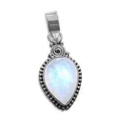 Anhänger Für Damen|Edelstein Anhänger In Silber|Elfen Schmuck Mondsteinanhänger Tropfen gedreht mit filigranem Rand 925 Silber