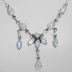 Damenketten|Edelsteinketten|Elfen Schmuck Mondstein Collier Kette Tropfen und Navetten 925 Silber