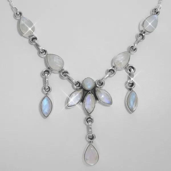 Damenketten|Edelsteinketten|Elfen Schmuck Mondstein Collier Kette Tropfen und Navetten 925 Silber