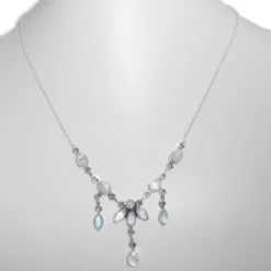 Damenketten|Edelsteinketten|Elfen Schmuck Mondstein Collier Kette Tropfen und Navetten 925 Silber