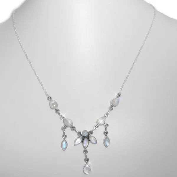 Damenketten|Edelsteinketten|Elfen Schmuck Mondstein Collier Kette Tropfen und Navetten 925 Silber