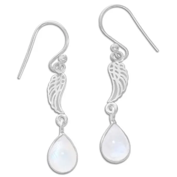 Ohrhänger|Edelstein Ohrringe|Elfen Schmuck Mondstein Ohrringe mit Engelsflügel und Tropfen 925 Silber