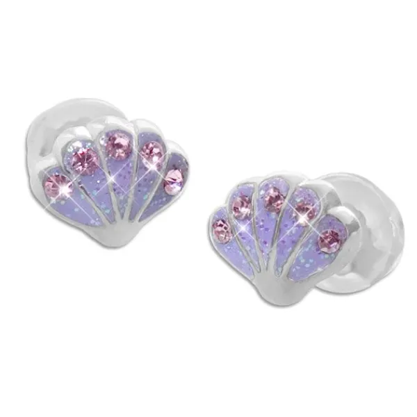 Ohrstecker|Silber Ohrstecker|Elfen Schmuck Ohrringe mit lila Glitzer Muscheln und Strass Steinen 925 Silber