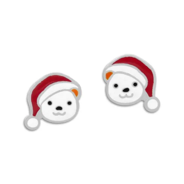Ohrstecker|Silber Ohrstecker|Elfen Schmuck Ohrstecker Eisbär Gesicht mit Weihnachtsmütze 925 Silber