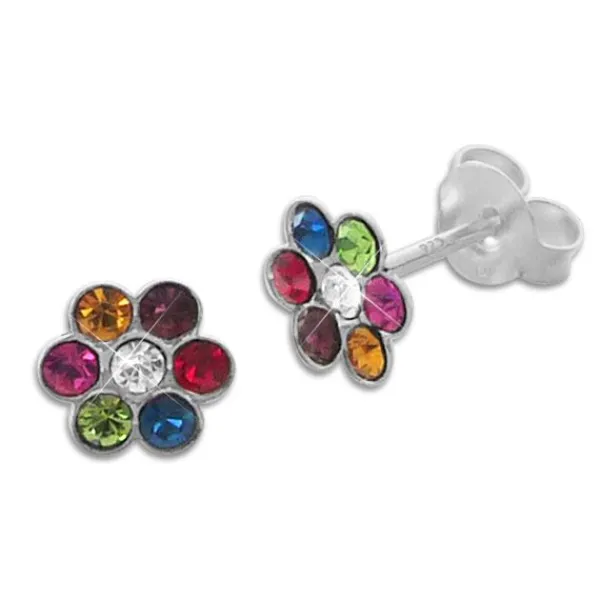 Ohrstecker|Silber Ohrstecker|Elfen Schmuck Ohrstecker Kinder Blumen mit bunten Kristallen 925 Silber