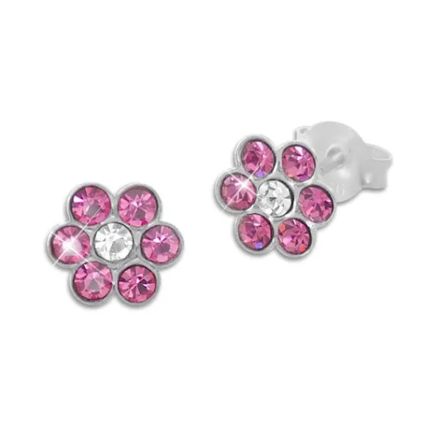 Ohrstecker|Silber Ohrstecker|Elfen Schmuck Ohrstecker Kinder Blumen pinke und weiße Kristalle 925 Silber