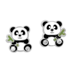 Ohrstecker|Silber Ohrstecker|Elfen Schmuck Panda Ohrstecker mit Bambus und Kristallen 925 Silber