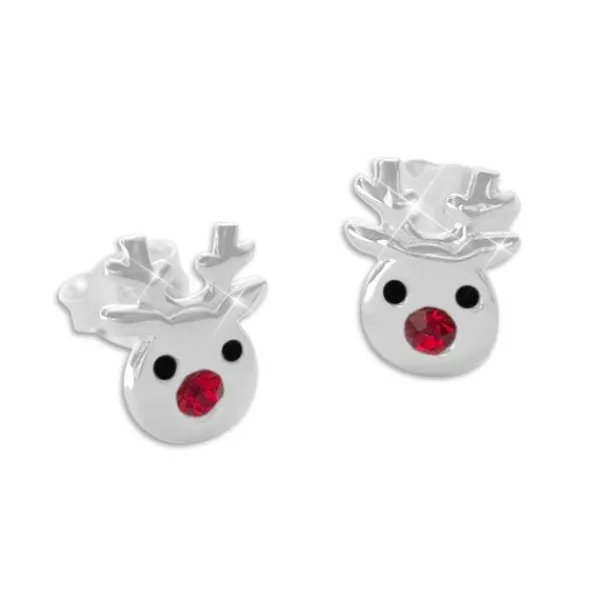 Ohrstecker|Silber Ohrstecker|Elfen Schmuck Rentier Ohrstecker mit roter Kristall Nase 925 Silber