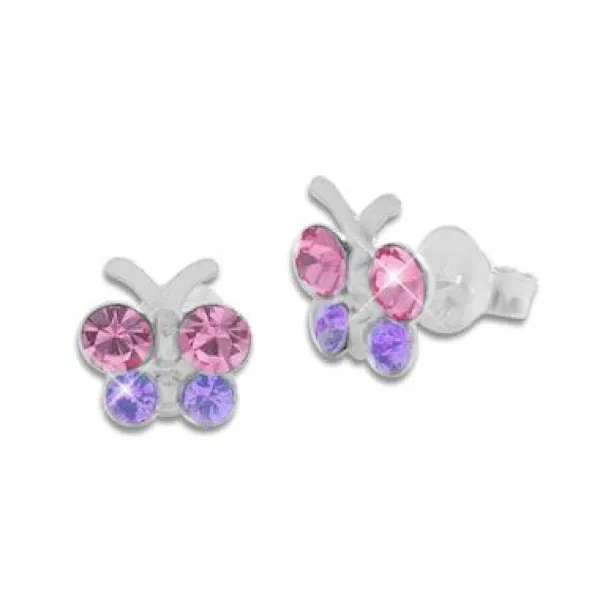 Ohrstecker|Silber Ohrstecker|Elfen Schmuck Schmetterlings Ohrstecker mit rosa / lila Strass Steinen 925 Silber