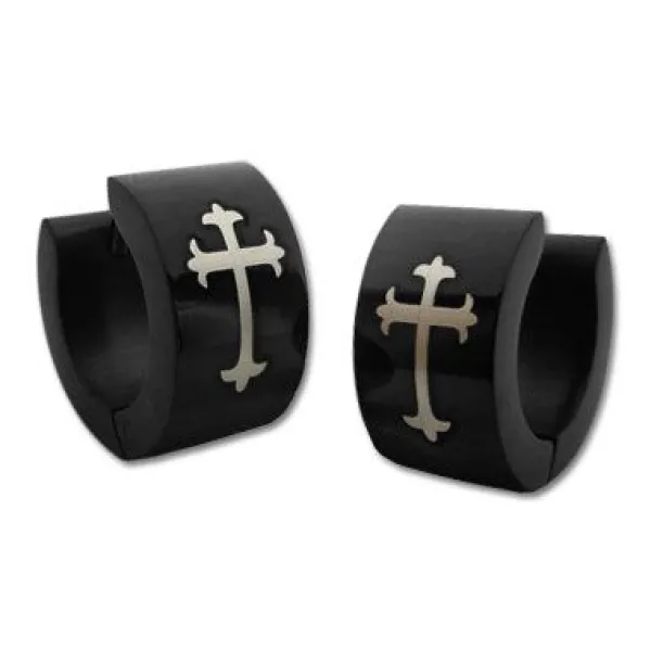 Klapp-creolen|Klapp-Creolen|Elfen Schmuck Schwarze Klapp-Creolen aus Edelstahl mit Kreuz
