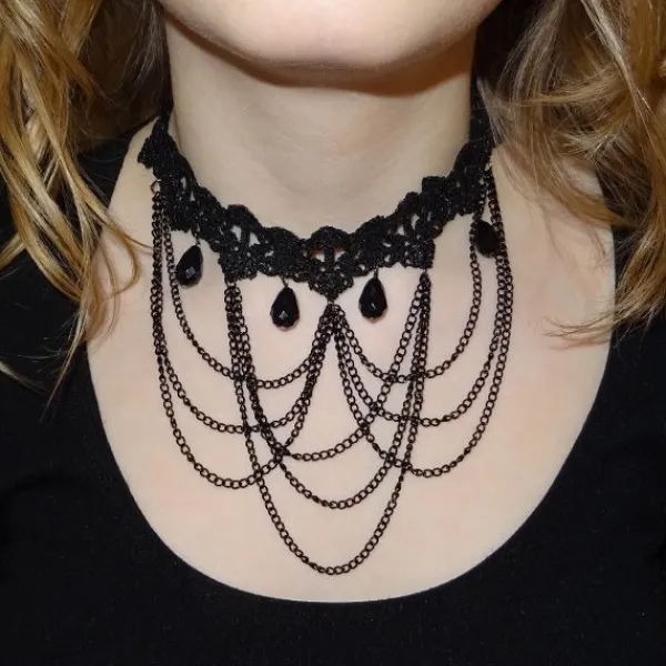 Damenketten|Elfen Schmuck Schwarzes Gothic Collier Perlen Halsband mit Spitze