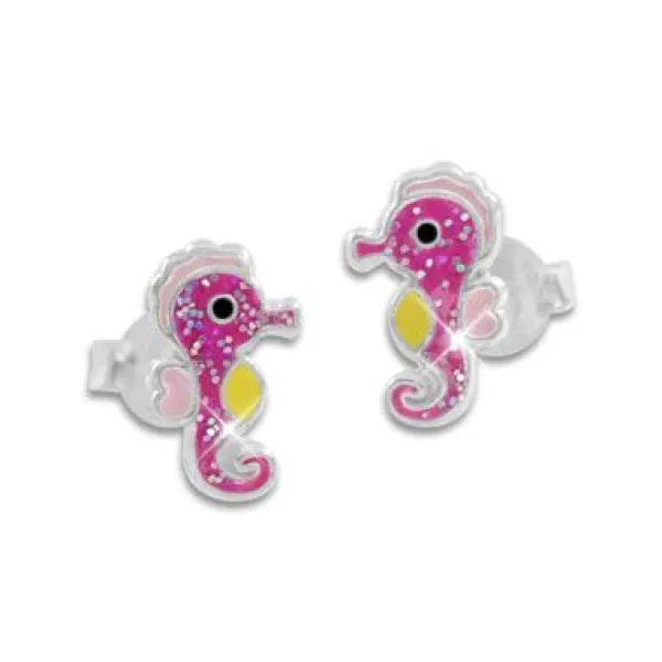 Ohrstecker|Silber Ohrstecker|Elfen Schmuck Seepferdchen Ohrstecker lackiert mit Glitzer 925 Silber