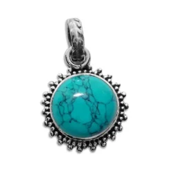 Anhänger Für Damen|Edelstein Anhänger In Silber|Elfen Schmuck Türkis Anhänger runde Sonne mit filigranem Rand 925 Silber