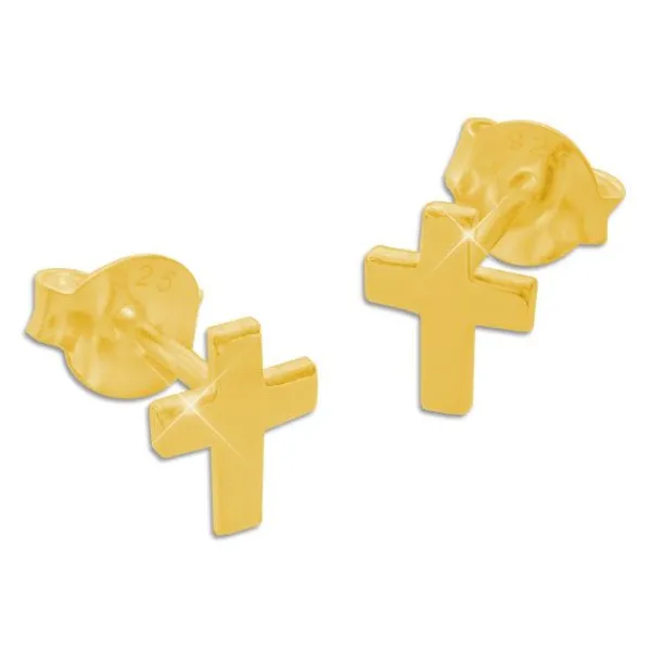 Ohrstecker|Ohrstecker|Elfen Schmuck Vergoldete Kreuz Ohrstecker glänzend 6,5 x 5 mm 925 Silber