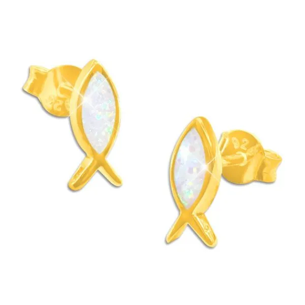 Ohrstecker|Silber Ohrstecker|Elfen Schmuck Vergoldete massive Fisch Ohrstecker mit Opal 925 Silber